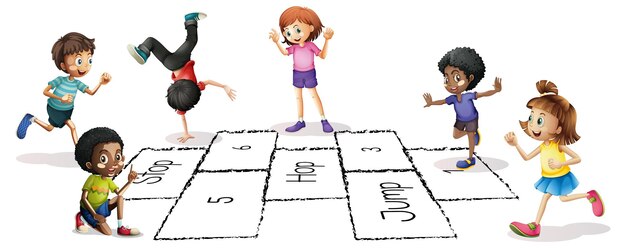 Des enfants jouent au hopscotch à l'extérieur
