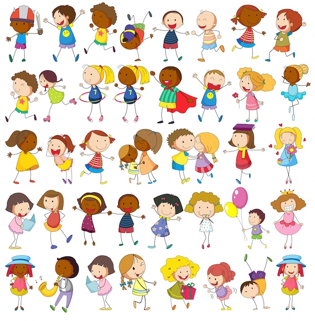 Les enfants jouent à diverses activités sur le blanc