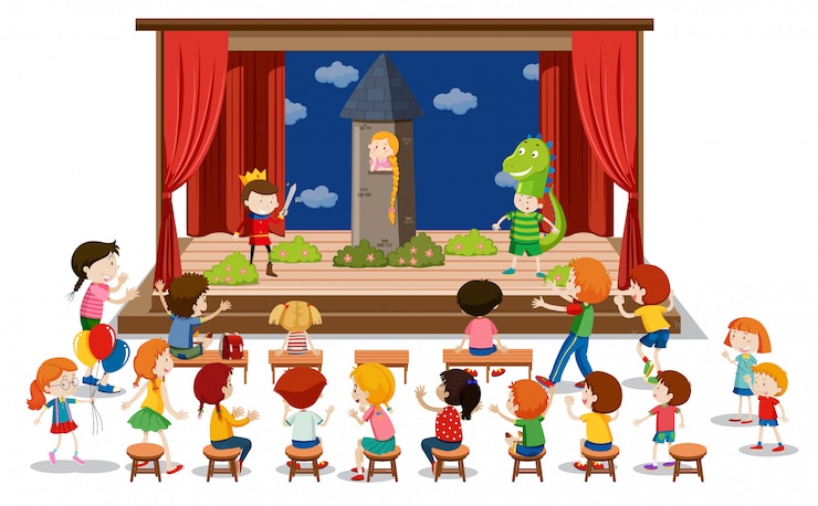 Vecteur gratuit les enfants jouent le théâtre sur scène
