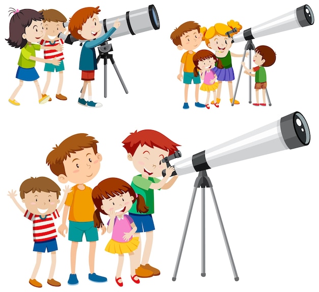 Vecteur gratuit enfants ludiques utilisant la collection de vecteurs de télescopes