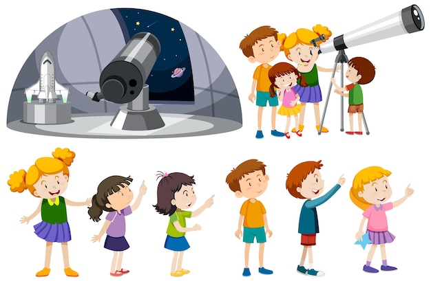 Vecteur gratuit enfants ludiques utilisant la collection de vecteurs de télescopes
