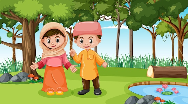 Les enfants musulmans portent des vêtements traditionnels dans la scène forestière