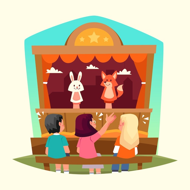 Vecteur gratuit enfants plats organiques regardant un spectacle de marionnettes illustré