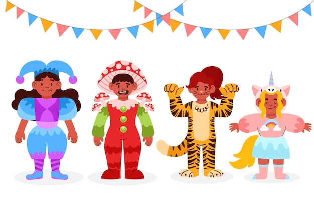 Vecteur gratuit enfants portant divers costumes de carnaval et guirlandes