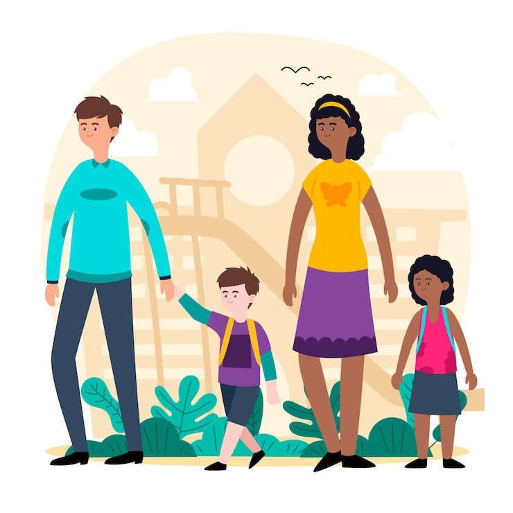 Vecteur gratuit les enfants retournent à l'école avec leurs parents