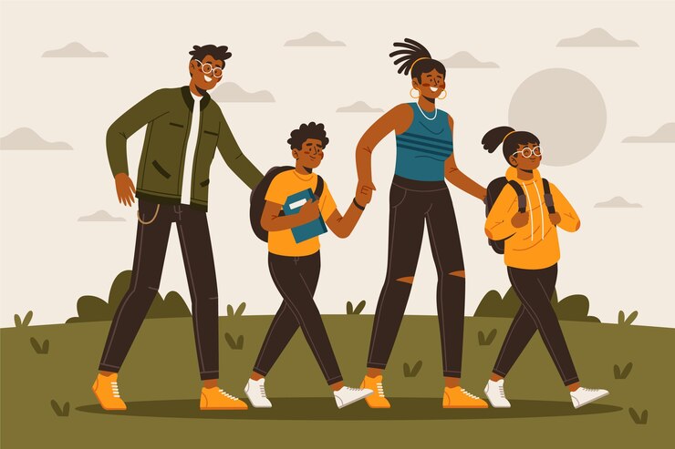 Vecteur gratuit les enfants retournent à l'école avec leurs parents