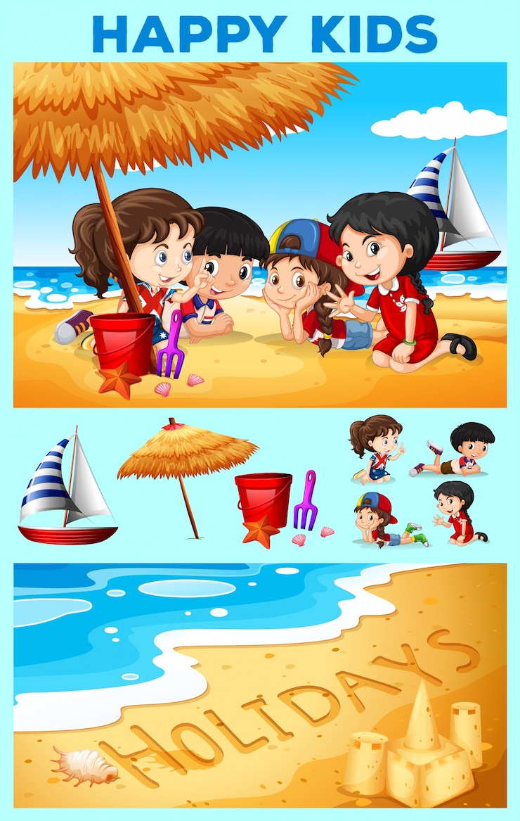 Vecteur gratuit les enfants s&#39;amusent sur l&#39;illustration de la plage