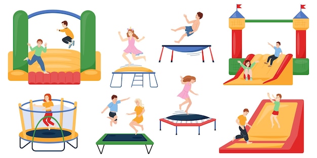 Vecteur gratuit enfants sautant sur un ensemble plat de trampoline isolé sur illustration vectorielle fond blanc