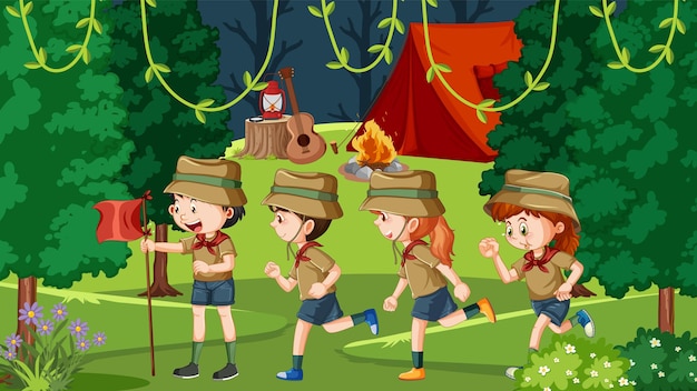 Vecteur gratuit enfants scouts en randonnée dans la forêt