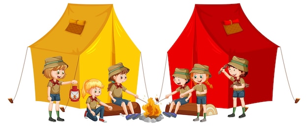 Vecteur gratuit enfants scouts avec tente de camping