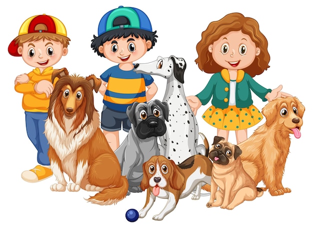 Vecteur gratuit enfants souriants avec leurs chiens