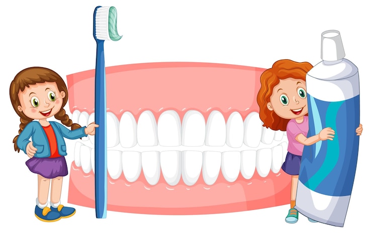 Vecteur gratuit enfants tenant du dentifrice et une brosse à dents avec des dents blanchies