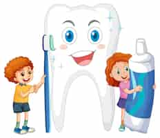 Vecteur gratuit enfants tenant du dentifrice et une brosse à dents avec une grosse dent sur whi