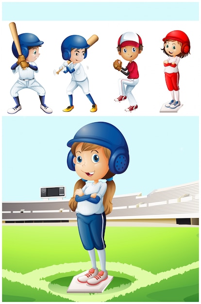 Vecteur gratuit les enfants en uniforme de baseball dans l'illustration de terrain