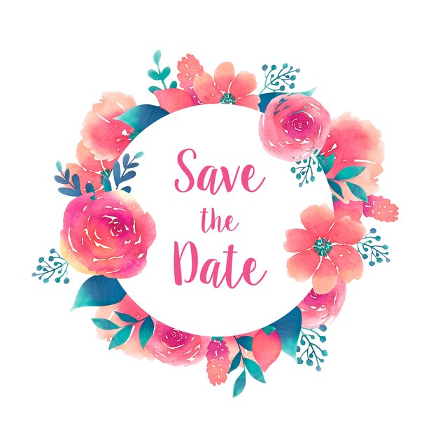 Enregistrez la date autour du cadre avec l'élément fleurs aquarelle