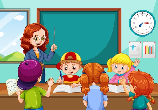 Vecteur gratuit enseignant enseignant aux élèves dans la scène de la salle de classe