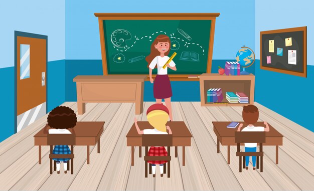 Enseignante avec des filles et des garçons dans la salle de classe