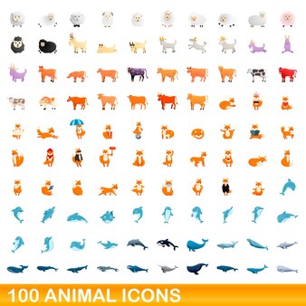 Ensemble de 100 icônes d'animaux. bande dessinée illustration de 100 icônes vectorielles d'animaux ensemble isolé sur fond blanc