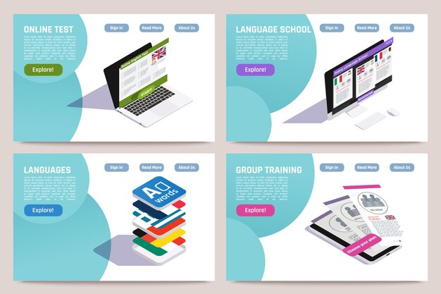 Ensemble de 4 pages Web isométriques pour le concept d'apprentissage des langues étrangères
