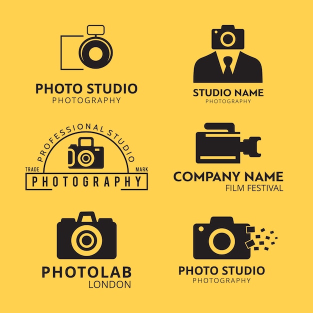Vecteur gratuit ensemble de 6 icônes noires vectorielles pour les photographes sur fond jaune
