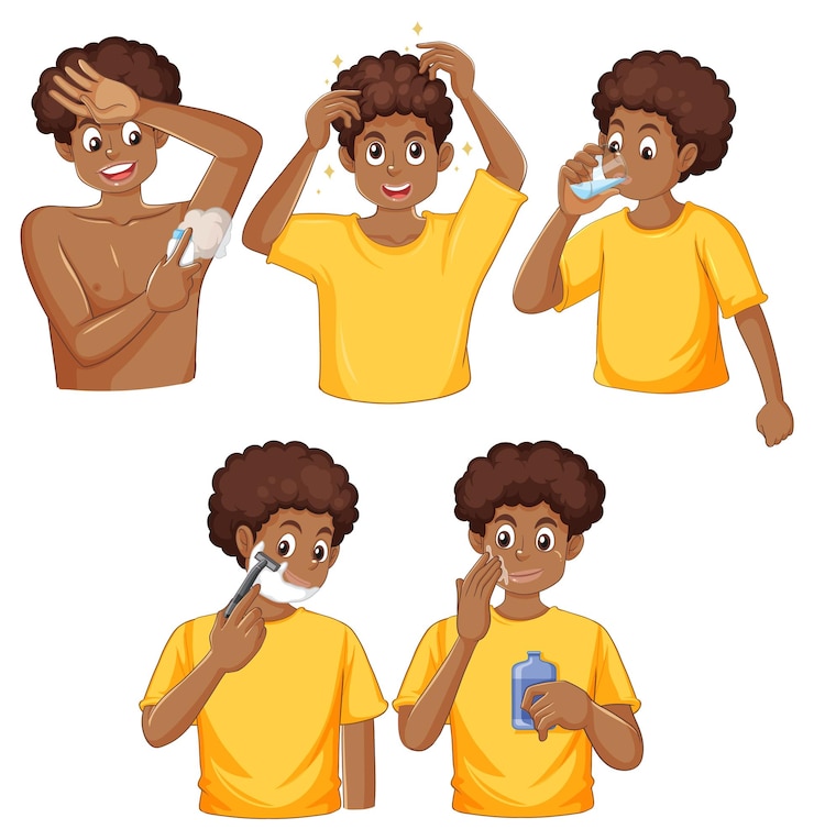 Vecteur gratuit ensemble d'adolescents afro avec routine quotidienne