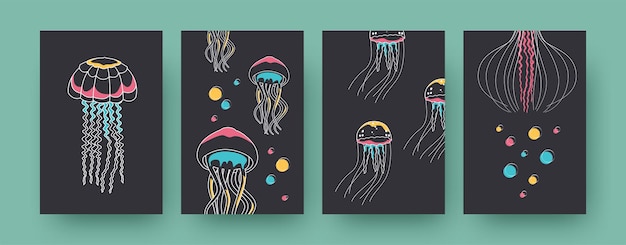 Vecteur gratuit ensemble d'affiches d'art contemporain avec des méduses. méduses et tentacules vector illustrations aux couleurs pastel