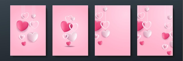 Ensemble d'affiches de concept de la saint-valentin. illustration vectorielle. coeurs de papier rouge et rose 3d avec cadre sur fond géométrique. jolies bannières ou cartes de voeux de vente d'amour