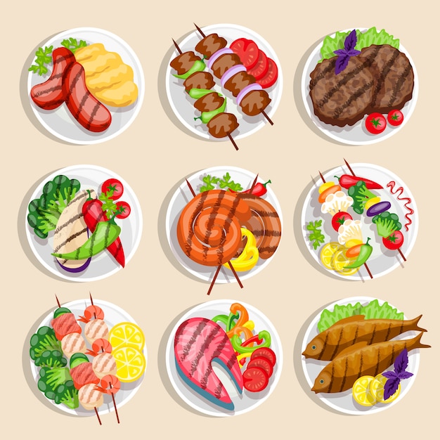 Vecteur gratuit ensemble d'aliments grillés