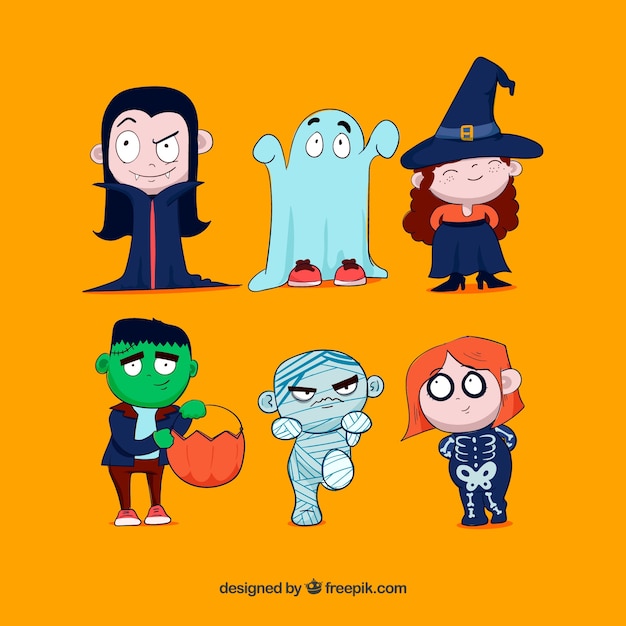 Vecteur gratuit ensemble amusant de costumes halloween dessinés