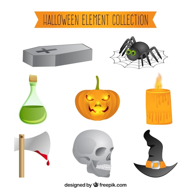 Vecteur gratuit ensemble amusant d'éléments classiques de halloween