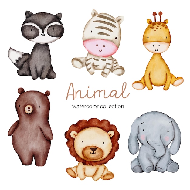 Ensemble d'animaux de dessin animé couleur eau pour autocollants et avatars emoji de personnages tropicaux et forestiers isolés sur fond blanc. Animaux mignons Raccon, éléphant, lion, ours, zèbre, personnage de girafe