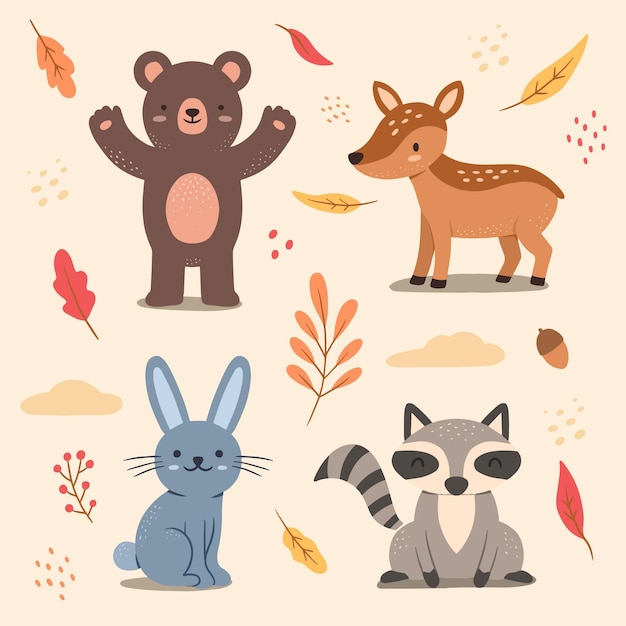 Vecteur gratuit ensemble d'animaux de la forêt d'automne