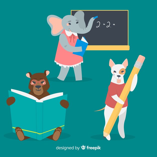 Ensemble d'animaux illustrés à l'école