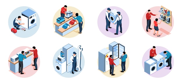 Ensemble D'appareils Isométriques De Compositions Rondes Isolées Avec Des Vendeurs De Services D'électronique Grand Public Et Des Clients Illustration Vectorielle