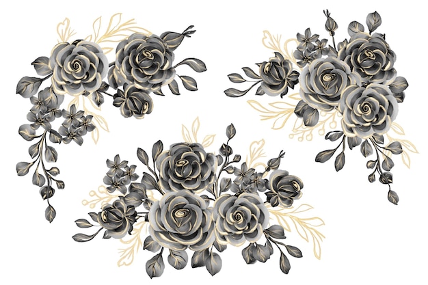 Vecteur gratuit ensemble aquarelle d'arrangement floral avec de l'or noir rose