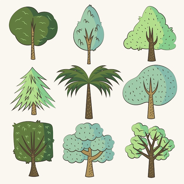 Vecteur gratuit ensemble d'arbres dessinés à la main