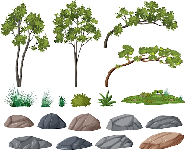 Vecteur gratuit ensemble d'arbres isolés et d'objets de la nature