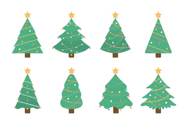 Ensemble d'arbres de Noël Illustration d'arbre vert isolé avec des jouets décoratifs et des étoiles sur fond blanc