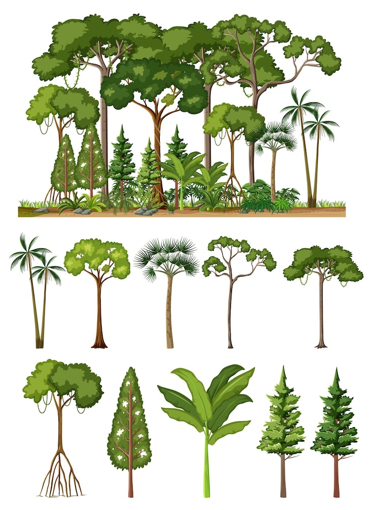 Vecteur gratuit ensemble d'arbres tropicaux isolés