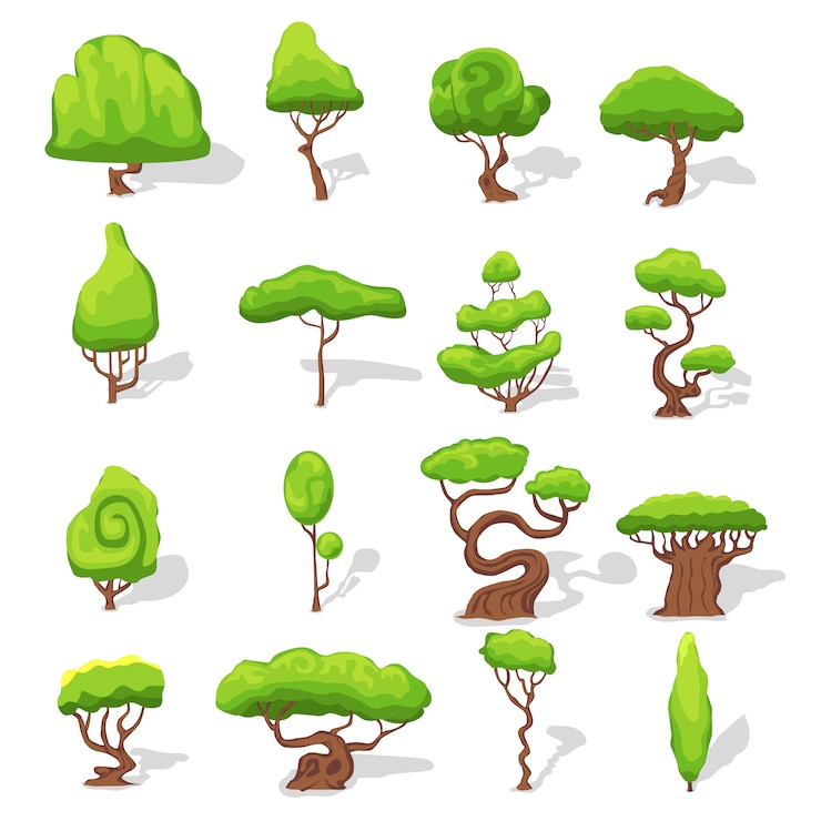 Vecteur gratuit ensemble d'arbres verts fantaisie