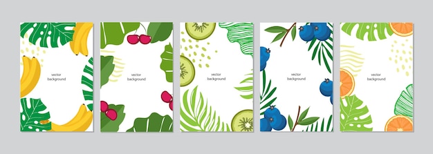 Ensemble d'arrière-plans d'été avec des feuilles tropicales et des fruits avec place pour le texte illustration à plat