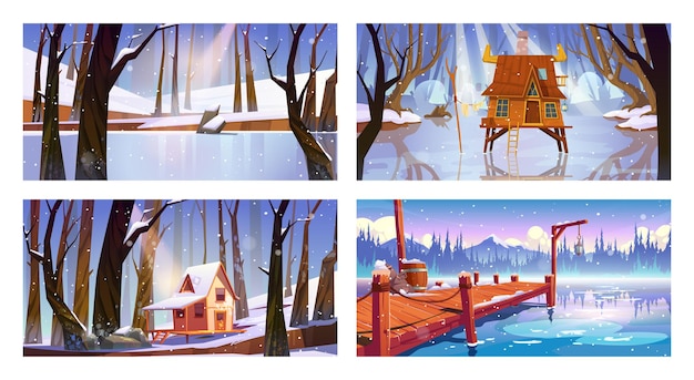 Vecteur gratuit ensemble d'arrière-plans de paysage d'hiver avec des maisons