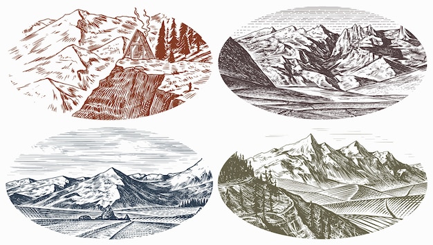 Dessin Au Crayon Paysage De Montagne Dessin Esquisse Montagnes Et Sapins Vector Illustration Paysage Croquis Montagne Arbre Et Pic Colline Vecteur Premium