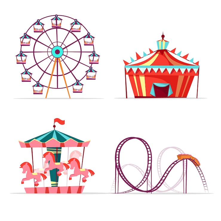 Vecteur gratuit ensemble d&#39;attractions de parc d&#39;attractions dessin animé. grande roue, joyeux carrousel