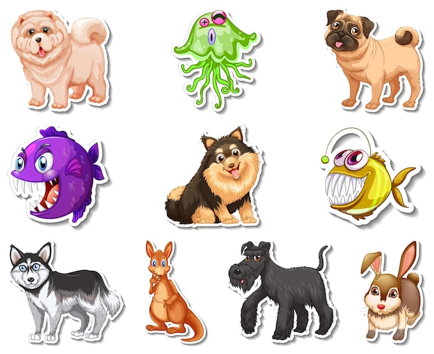 Vecteur gratuit ensemble d'autocollants avec des animaux marins et des personnages de dessins animés de chiens