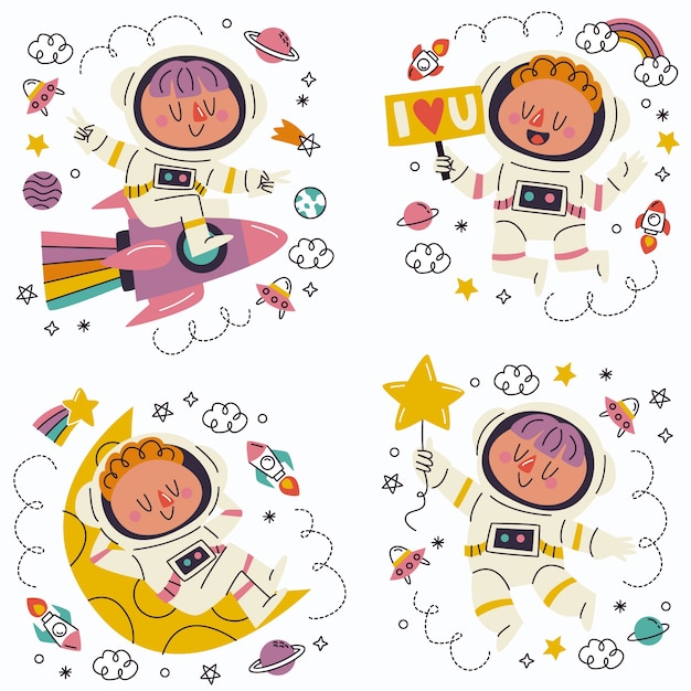 Vecteur gratuit ensemble d'autocollants d'astronaute doodle dessinés à la main
