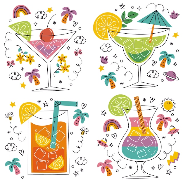 Vecteur gratuit ensemble d'autocollants de cocktail doodle dessinés à la main