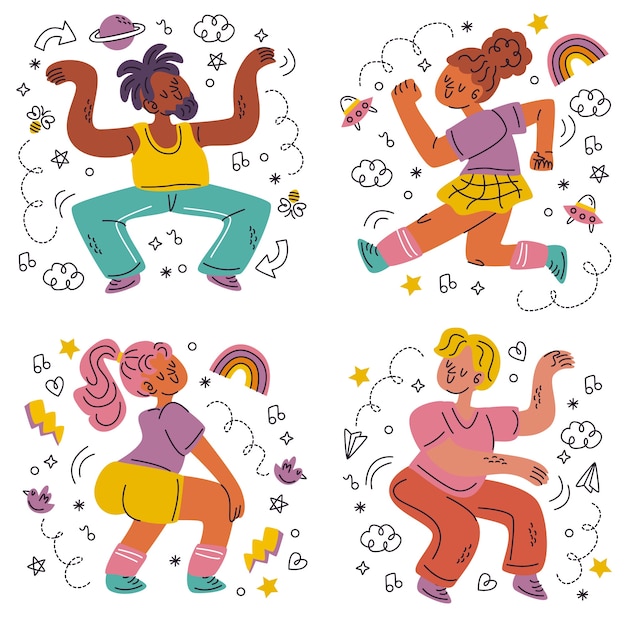 Vecteur gratuit ensemble d'autocollants de danseuse doodle dessinés à la main