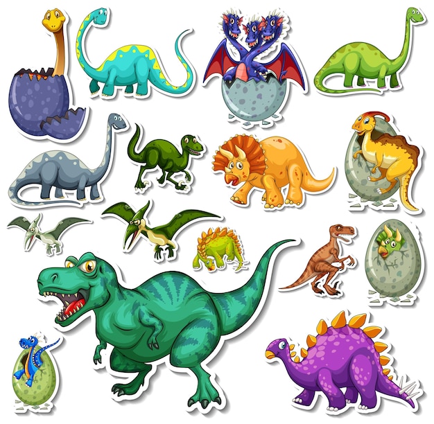 Vecteur gratuit ensemble d'autocollants de différents dessins animés de dinosaures