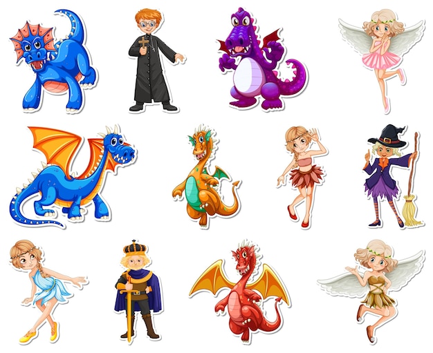 Vecteur gratuit ensemble d'autocollants avec différents personnages de dessins animés de contes de fées